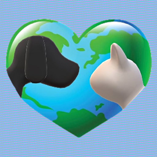 A blue heart stylalized to resemble a globe with a cat and dog's head facing one another.  Ethan's informal logo